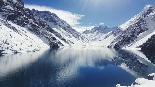 Scenic view of lake and snowcapped mountains against sky