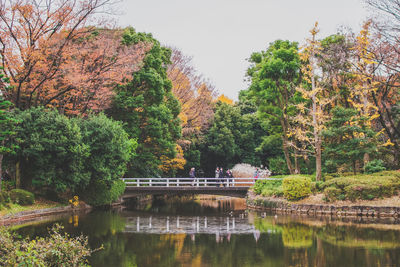 Bridge over canal against sky at park during autumn