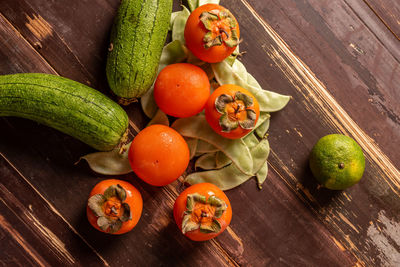 High angle view of fruits on table