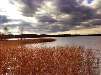 Scenic view of lake against cloudy sky