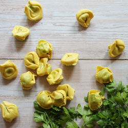 High angle view of chopped vegetables on table