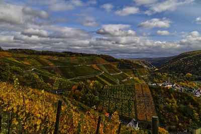 High angle view of agricultural field against sky