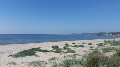 Scenic view of sea against clear blue sky