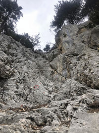 Low angle view of rock formations against sky