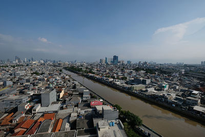 High angle view of buildings in city against sky