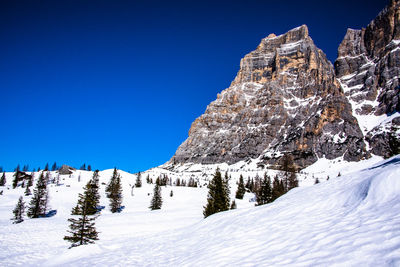 Scenic view of snowcapped mountains against clear blue sky