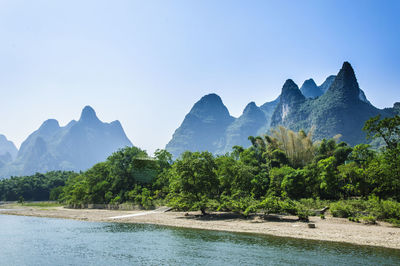 Scenic view of river and mountains against clear sky