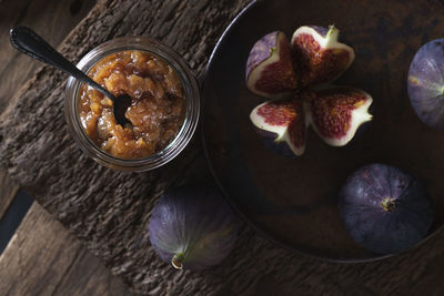 High angle view of fruits in bowl on table