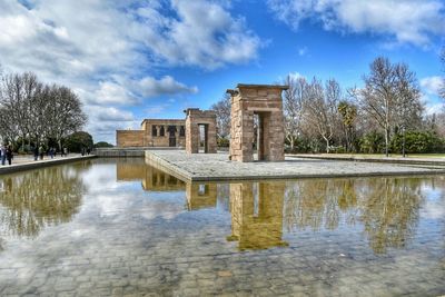 Reflection of trees in water against sky