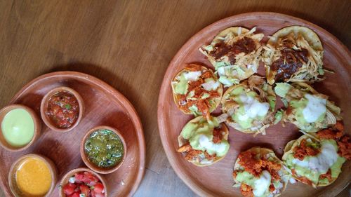 High angle view of food served on table