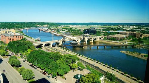 Bridge over river with cityscape in background