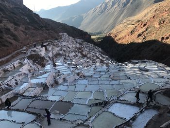 High angle view of snowcapped mountains during winter