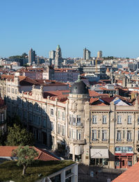 Buildings in city against clear sky