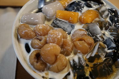 High angle view of ice cream in bowl on table