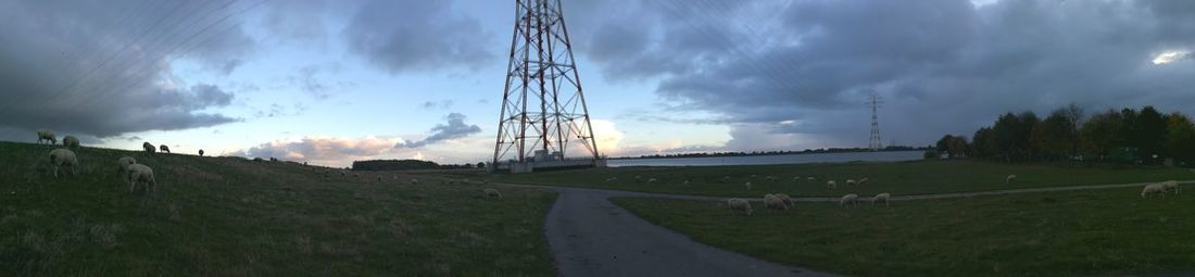 Panoramic view of road amidst field against sky