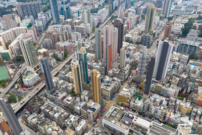 High angle view of modern buildings in city