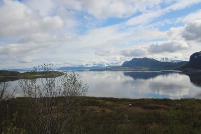 Scenic view of lake against cloudy sky