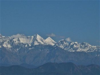 Scenic view of snowcapped mountains against clear sky