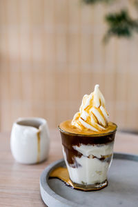 Close-up of ice cream on table