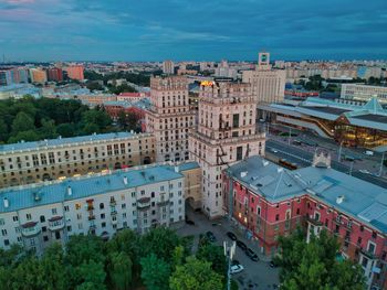 High angle view of buildings in city