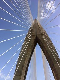 Low angle view of suspension bridge against sky