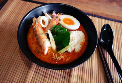 High angle view of soup in bowl