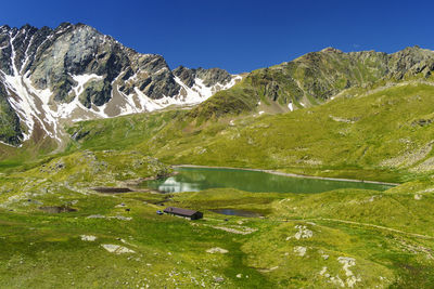 Scenic view of snowcapped mountains against clear sky