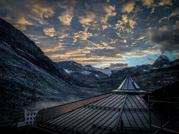 Scenic view of mountains against sky during sunset