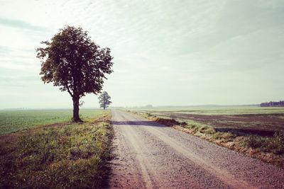 Dirt road amidst field against sky