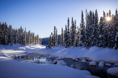 Snow covered landscape against clear sky