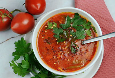 High angle view of food in bowl on table