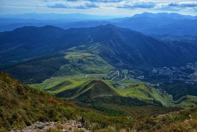 High angle view of mountainous landscape against sky