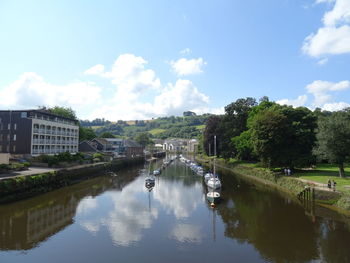 Scenic view of lake by buildings against sky