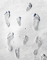 High angle view of footprints on sand
