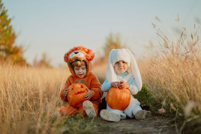 Full frame shot of pumpkin on field against sky