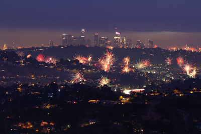 Fireworks in front of the los angeles skyline