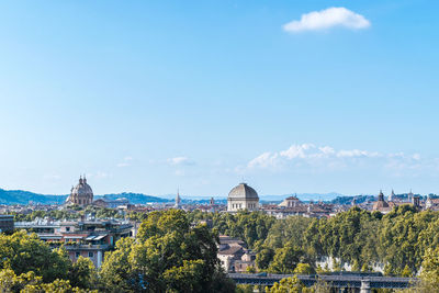 Panoramic view of trees and buildings against blue sky