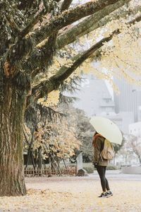 Rear view of woman with umbrella walking on rainy day