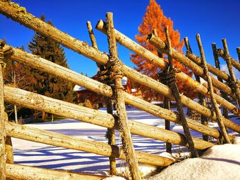 Close-up of wood against clear blue sky