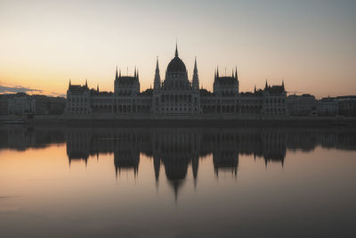 Parliament building of hungary reflected on danube river at sunrise.