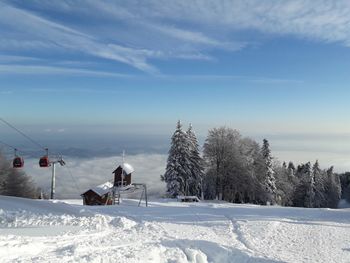 Snow covered landscape against sky