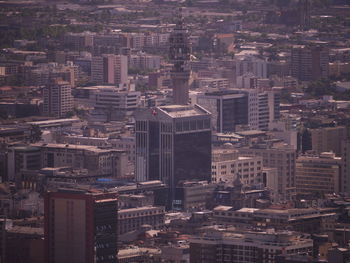 High angle view of modern buildings in city