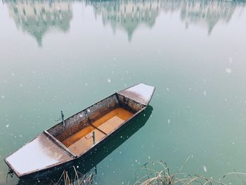 Close-up of boat floating on lake against sky