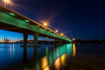 Illuminated city by river against clear sky at night