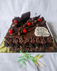 High angle view of chocolate cake on table