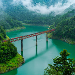 Bridge over river against mountain