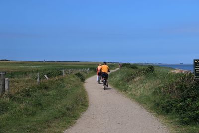 Rear view of people walking on road against clear sky