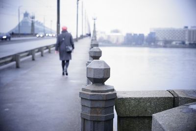 Rear view of man on bridge over river in city