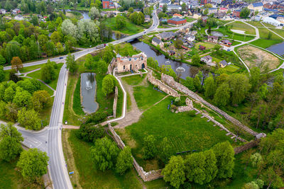 Ruins of an ancient medieval castle dobele latvia, aerial top view