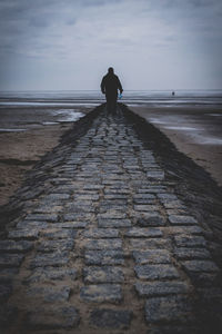 Rear view of man standing on footpath at beach